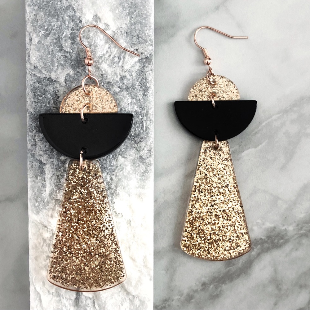 Black & Gold Rose Gold Half Moon Geo Earrings